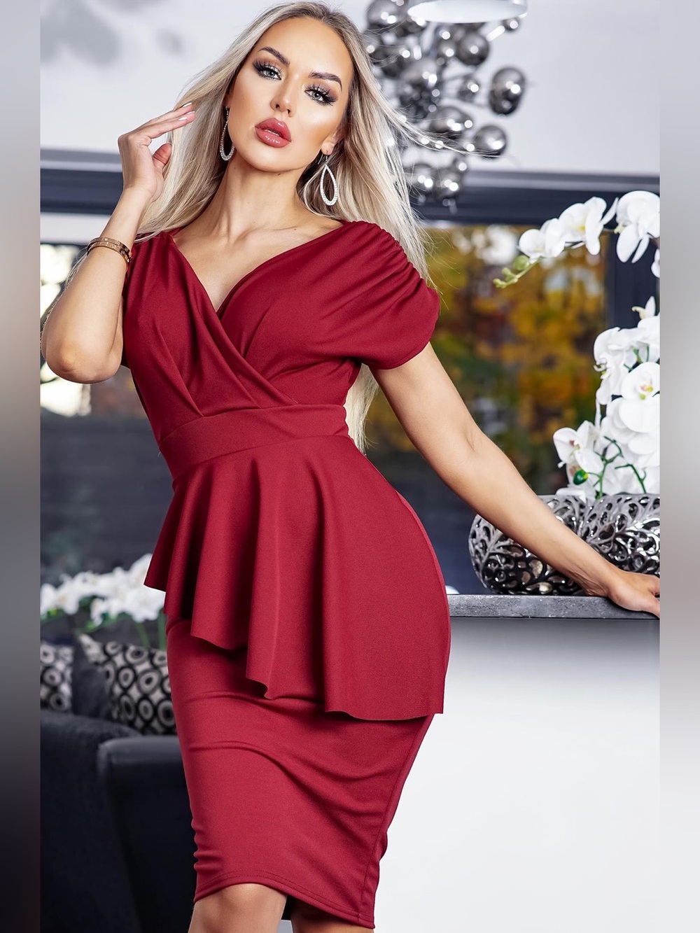 KARA PEPLUM MIDI BODYCON DRESS-WINE